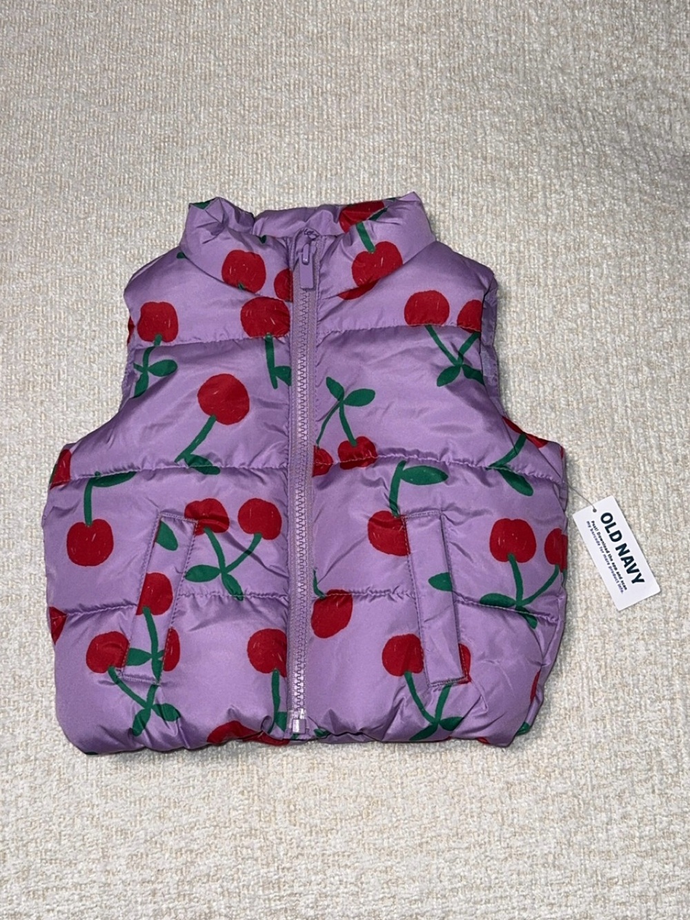 Old Navy Purple Puffer Vest with Red Cherry Print 18-24 months NWT